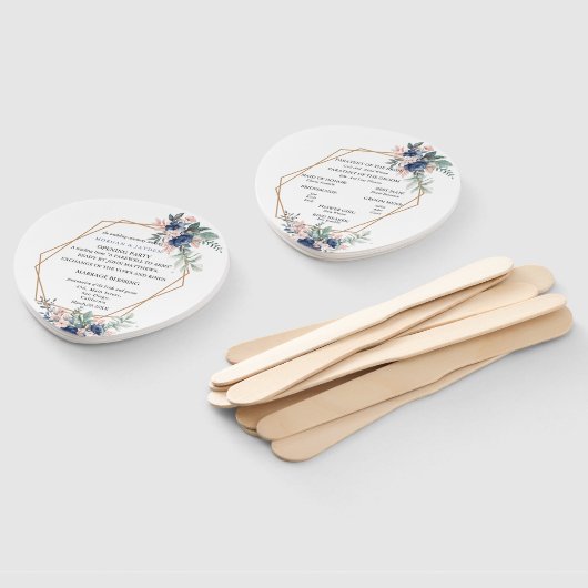 Dusty Blue Blush Roze Bloemen Geometrische Bruilof Handwaaier (Niet-gemonteerd)