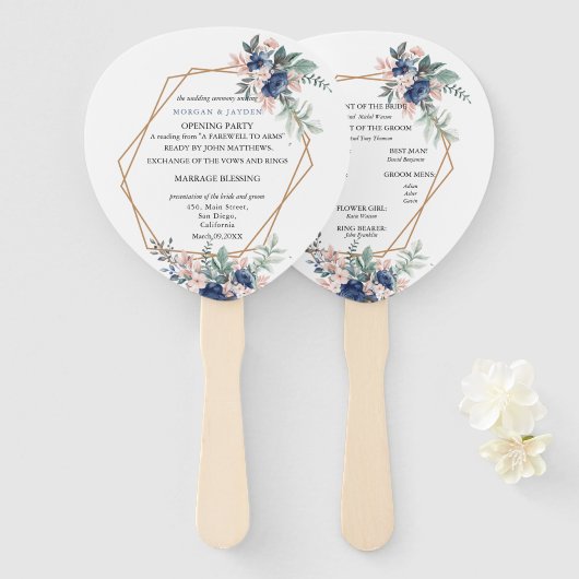 Dusty Blue Blush Roze Bloemen Geometrische Bruilof Handwaaier (Voorkant en achterkant)