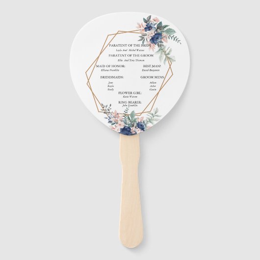 Dusty Blue Blush Roze Bloemen Geometrische Bruilof Handwaaier (Achterkant)