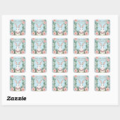 Dusty Blue Blush Roze Bloemen Konijntje Pasen Vierkante Sticker (Vel)