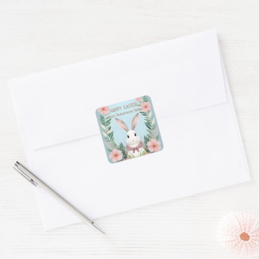 Dusty Blue Blush Roze Bloemen Konijntje Pasen Vierkante Sticker (Envelop)