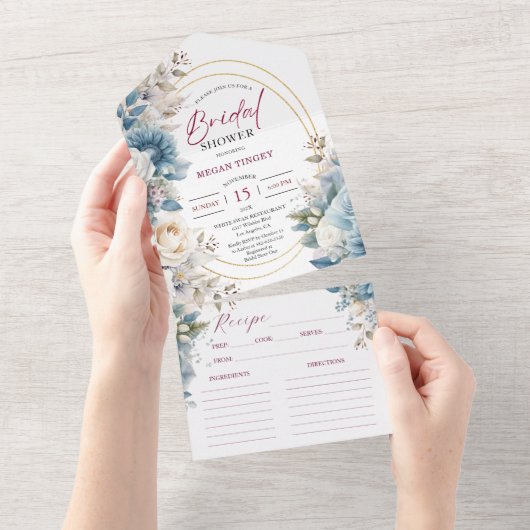 Dusty Blue Blush Roze Bloemen Vrijgezellenfeest All In One Uitnodiging (Afscheurbaar)