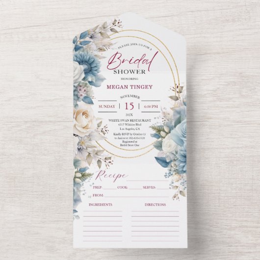 Dusty Blue Blush Roze Bloemen Vrijgezellenfeest All In One Uitnodiging (Binnen)