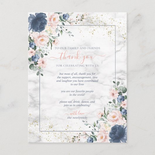 Dusty Blue Blush Roze Goud Bloemen Bruiloft Bedank Briefkaart (Voorkant)
