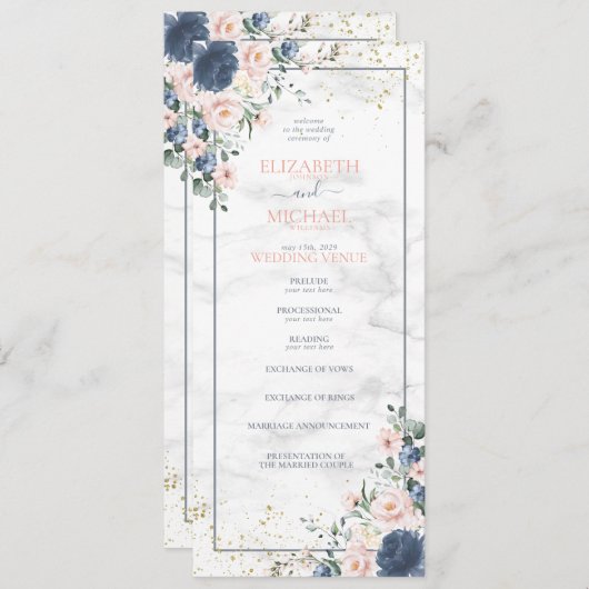 Dusty Blue Blush Roze Waterverf Trouwprogramma Programmakaart (Voorkant / Achterkant)