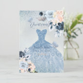 Dusty Blue+Blush Rozen Glitter Gown Quinceanera Kaart (Staand voorkant)