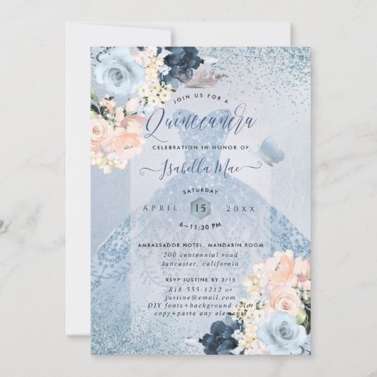Dusty Blue+Blush Rozen Glitter Gown Quinceanera Kaart (Achterkant)