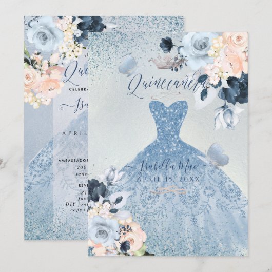 Dusty Blue+Blush Rozen Glitter Gown Quinceanera Kaart (Voorkant / Achterkant)