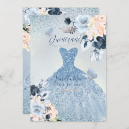 Dusty Blue+Blush Rozen Glitter Gown Quinceanera Kaart