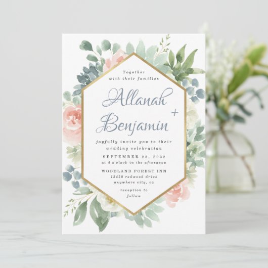 Dusty Blue Blush Succulent Bloementuin Bruiloft Kaart (Staand voorkant)