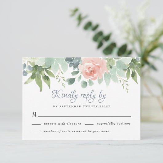 Dusty Blue Blush Succulent Bloementuin Bruiloft RSVP Kaartje (Staand voorkant)