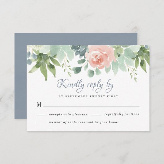 Dusty Blue Blush Succulent Bloementuin Bruiloft RSVP Kaartje (Voorkant / Achterkant)