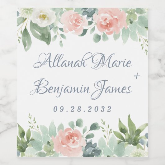 Dusty Blue Blush Succulent Bloementuin Bruiloft Wijn Etiket (Enkel label)