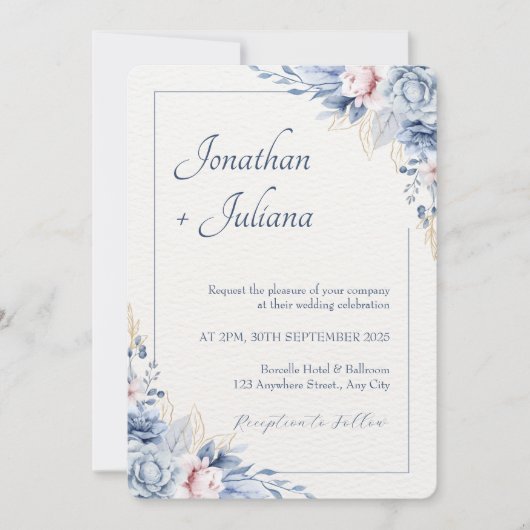 Dusty Blue & Blush Waterverf Bloemen Kaart (Voorkant)