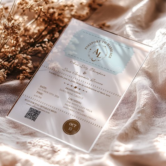 Dusty Blue Boarding Pass Cosmic Wedding Acryl Uitnodigingen
