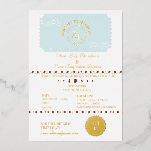 Dusty Blue Boarding Pass Cosmic Wedding Folie Uitnodiging (Voorkant)