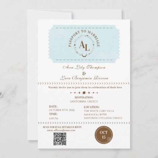 Dusty Blue Boarding Pass Cosmic Wedding Kaart (Voorkant)