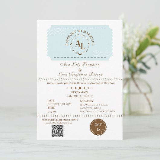 Dusty Blue Boarding Pass Cosmic Wedding  Kaart (Staand voorkant)