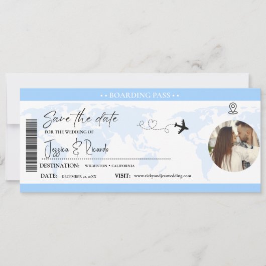 Dusty Blue Boarding Pass Ticket Bruiloft Save The Date (Voorkant)