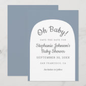 Dusty Blue Bohemian Arch Oh Baby Baby shower Save The Date (Voorkant / Achterkant)