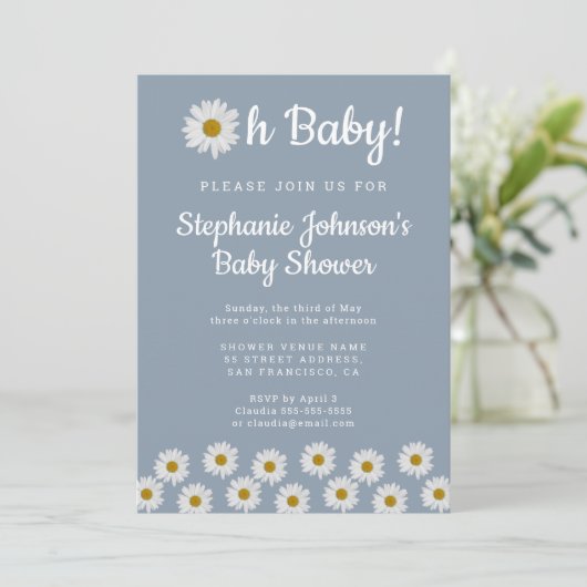 Dusty Blue Bohemian Daisies Oh Baby Baby shower Kaart (Staand voorkant)