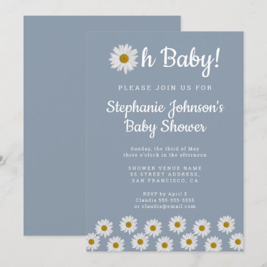 Dusty Blue Bohemian Daisies Oh Baby Baby shower Kaart (Voorkant / Achterkant)