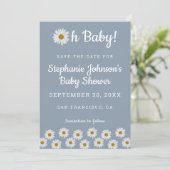 Dusty Blue Bohemian Daisies Oh Baby Baby shower Save The Date (Staand voorkant)