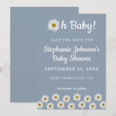 Dusty Blue Bohemian Daisies Oh Baby Baby shower Save The Date (Voorkant / Achterkant)