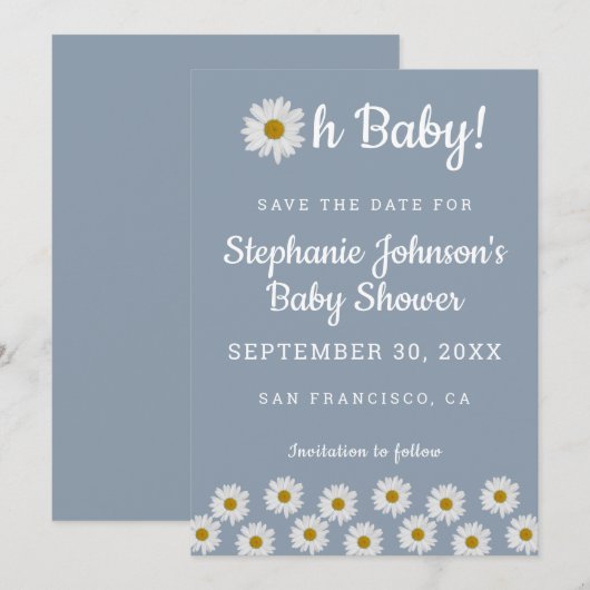 Dusty Blue Bohemian Daisies Oh Baby Baby shower Save The Date (Voorkant / Achterkant)