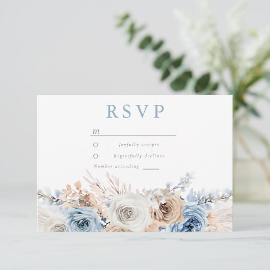 Dusty Blue Bohemian Floral All Occasions & Weddens RSVP Kaartje (Staand voorkant)
