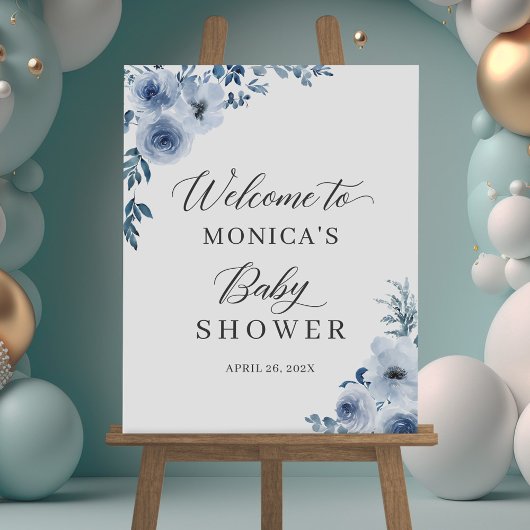 Dusty Blue Bohemian Floral Baby shower Sign Poster