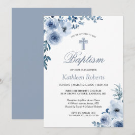 Dusty Blue Bohemian Floral Baptism Christening Kaart