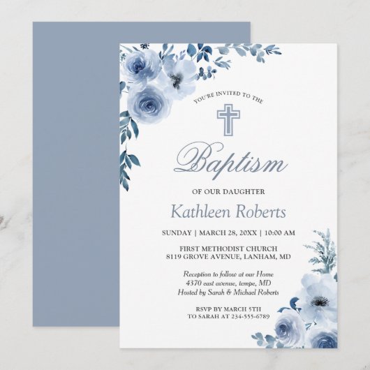 Dusty Blue Bohemian Floral Baptism Christening Kaart (Voorkant / Achterkant)