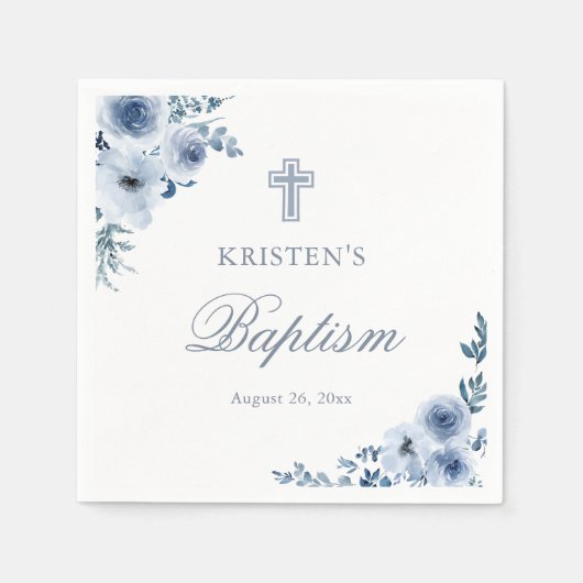 Dusty Blue Bohemian Floral Baptism Christening Servet (Voorkant)