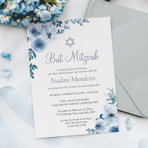 Dusty Blue Bohemian Floral Bat Mitzvah Kaart