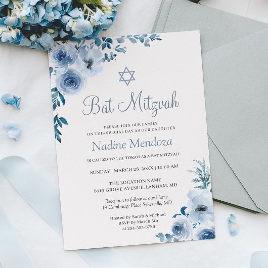 Dusty Blue Bohemian Floral Bat Mitzvah Kaart