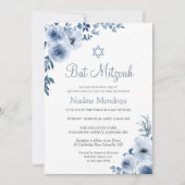Dusty Blue Bohemian Floral Bat Mitzvah Kaart (Voorkant)
