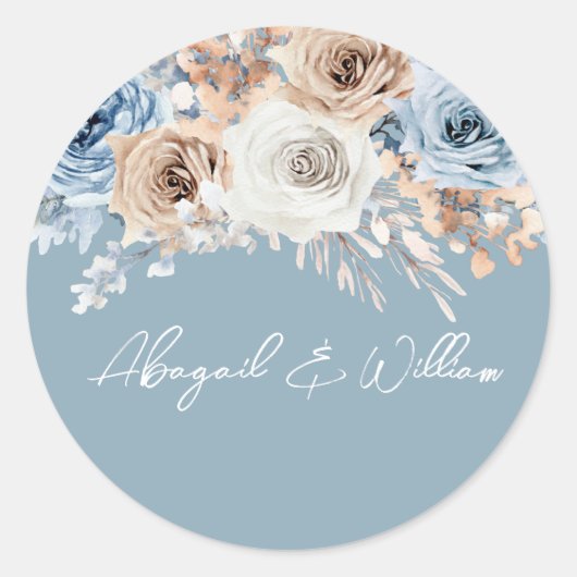 Dusty Blue Bohemian Floral Wedding Verloving Ronde Sticker (Voorkant)