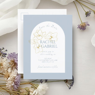 Dusty Blue   Boho Arch Gouden Bloemen Huwelijk Briefkaart