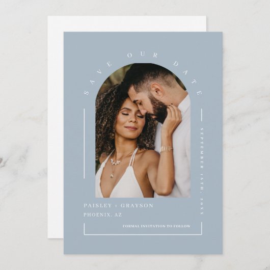 Dusty Blue Boho Arch Photo QR Code Save Our Date Kaart (Voorkant / Achterkant)