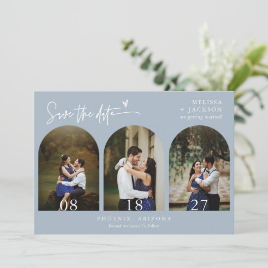 Dusty Blue Boho Arch Photo QR Code Save the Date Kaart (Staand voorkant)