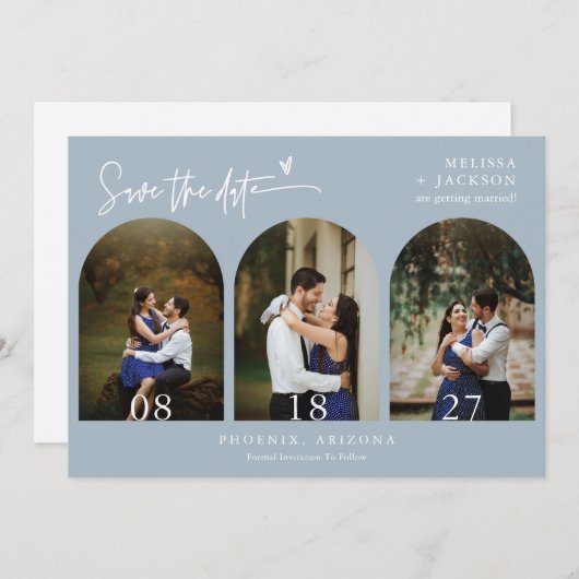 Dusty Blue Boho Arch Photo QR Code Save the Date Kaart (Voorkant / Achterkant)