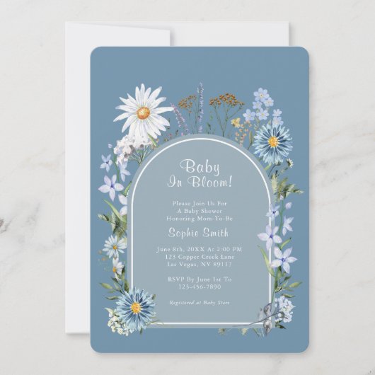 Dusty Blue Boho Baby in Bloom Baby shower Kaart (Voorkant)