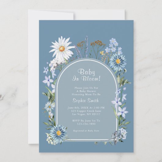 Dusty Blue Boho Baby in Bloom Baby shower Kaart (Voorkant)