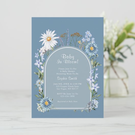Dusty Blue Boho Baby in Bloom Baby shower Kaart (Staand voorkant)