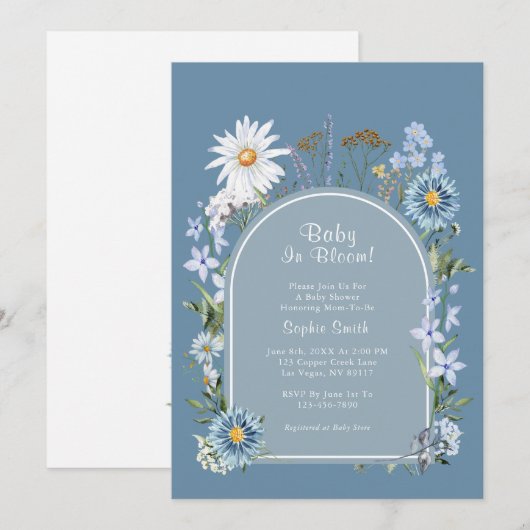 Dusty Blue Boho Baby in Bloom Baby shower Kaart (Voorkant / Achterkant)