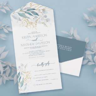 Dusty Blue Boho Botanische Waterverf Bruiloft All In One Uitnodiging
