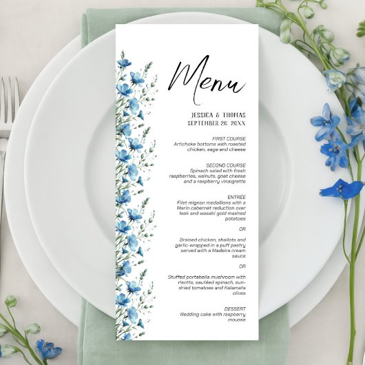 Dusty Blue Boho Chic Wildflowers Elegante bruiloft Menu