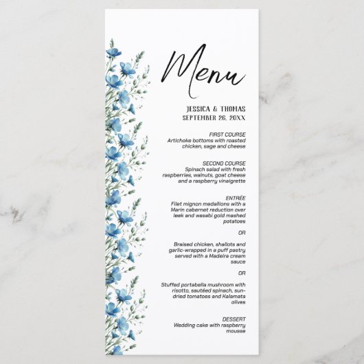 Dusty Blue Boho Chic Wildflowers Elegante bruiloft Menu (Voorkant)