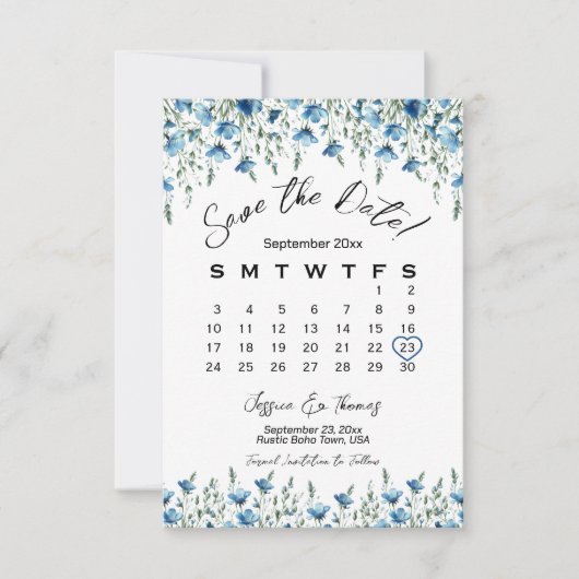 Dusty Blue Boho Chic Wildflowers Trouwkalender Save The Date (Voorkant)